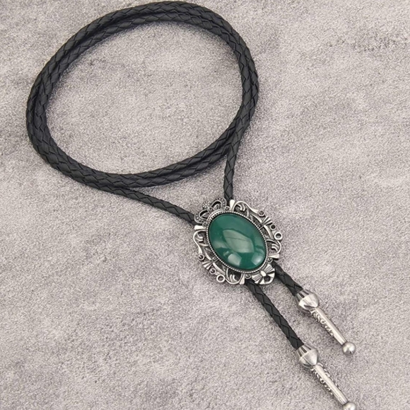 Green stone leather bolo tie - Picture 1 of 2